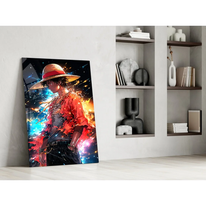 Vibrant anime warrior in straw hat and red jacket on cosmic fiery canvas wall art