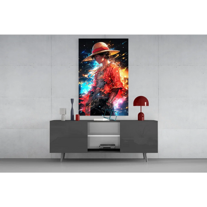 Anime warrior in straw hat and red jacket on cosmic fiery wall art canvas