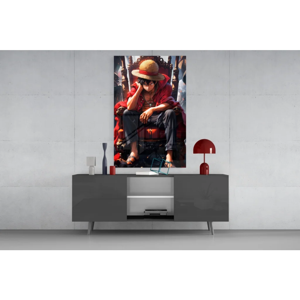 Luffy in straw hat on throne glass wall art anime poster print