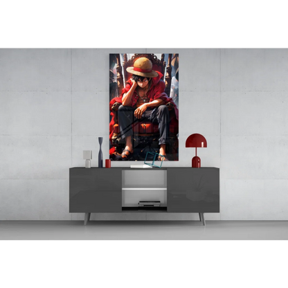 Luffy in straw hat on throne glass wall art anime poster print