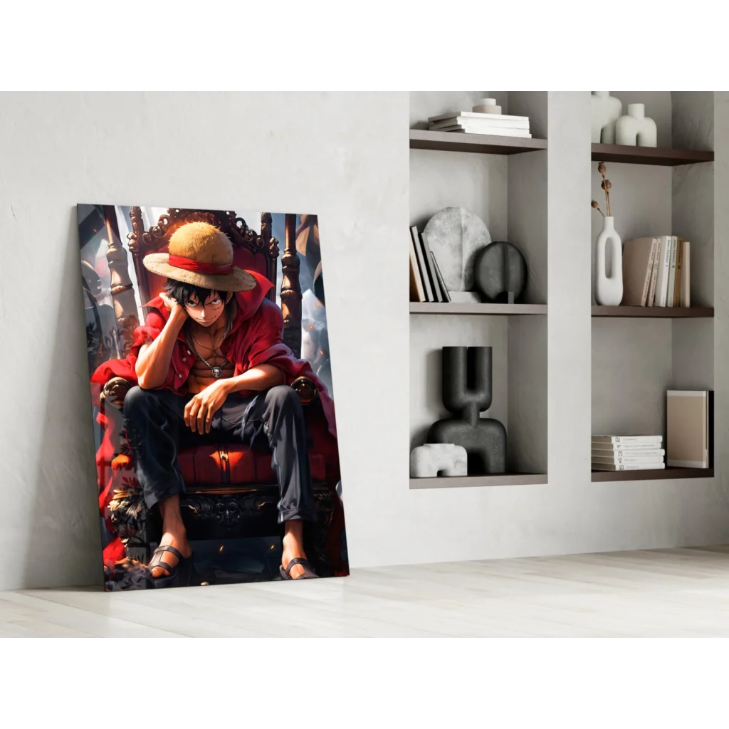 Vibrant Luffy throne glass wall art anime poster print