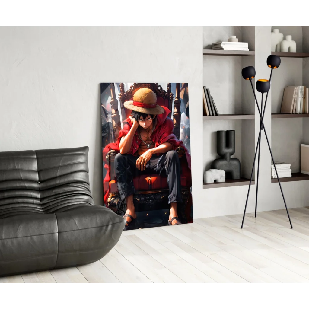 Luffy on throne in red robe, One Piece glass wall art print