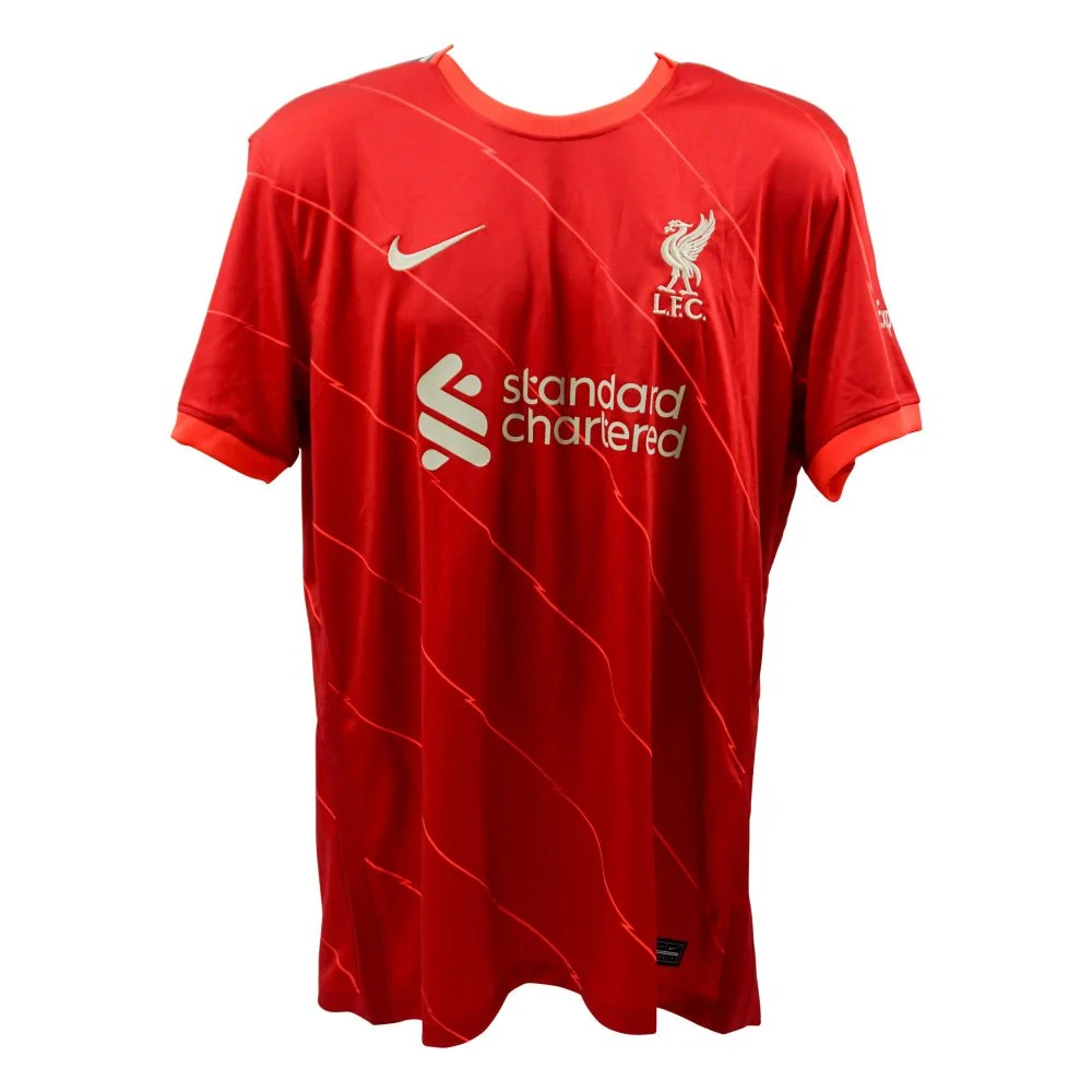 Red Luis Diaz Liverpool FC jersey with Nike swoosh, Liverpool crest, and Standard Chartered logo