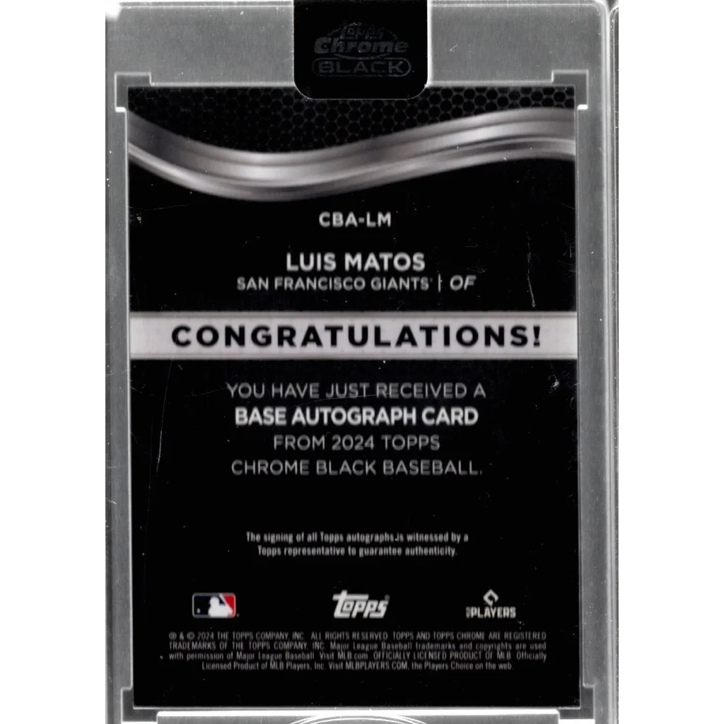 Black Luis Matos baseball card with silver top border and autograph from Topps Chrome