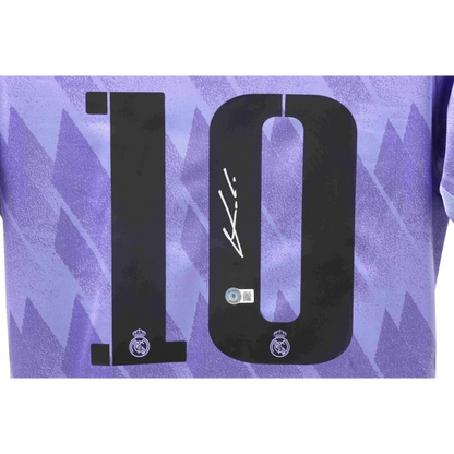 Luka Modric signed purple Real Madrid soccer jersey with black number 10 and autograph