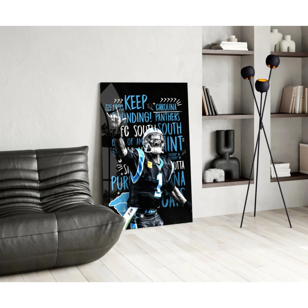 Carolina Panthers black and blue bold typography glass wall art poster