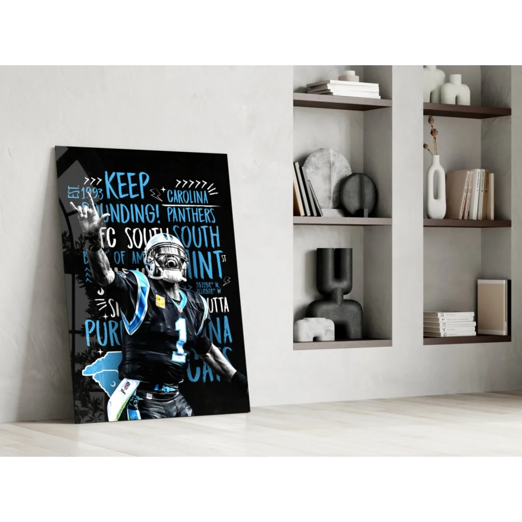 Carolina Panthers glass wall art poster with bold typography