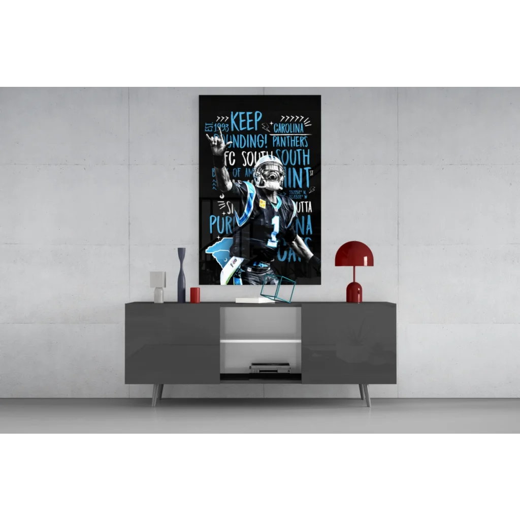 Carolina Panthers black teal bold typography glass wall art poster