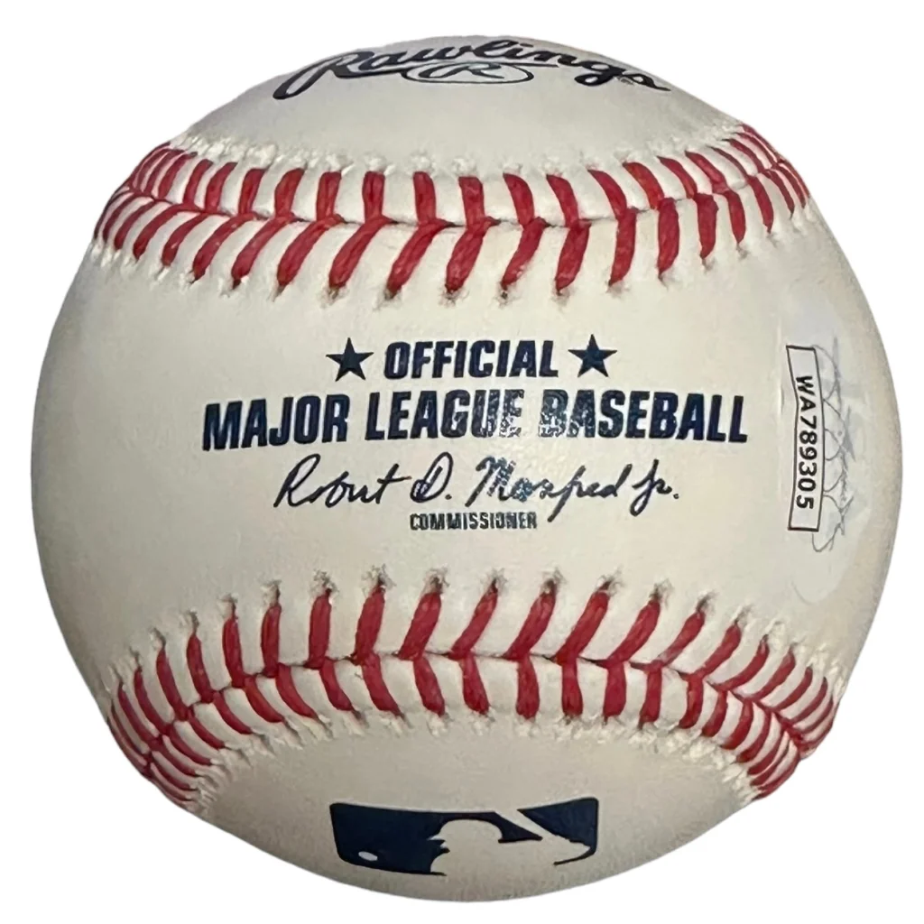 White rawlings baseball with red stitching and official mlb branding autographed by luke raley JSA certified