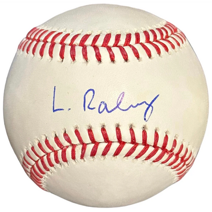 White baseball with red stitching featuring a blue luke raley autographed signature raley autographed mlb collectible