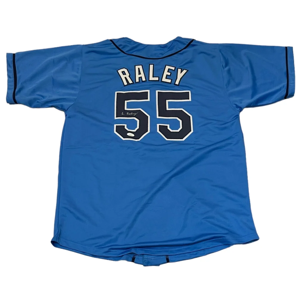 Signed Luke Raley custom jersey in royal blue Tampa Bay style