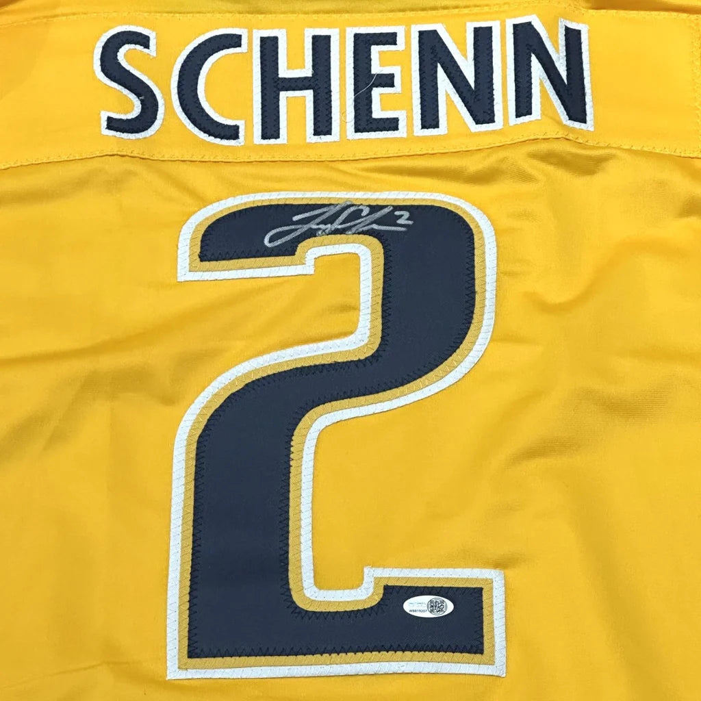 Luke Schenn autographed custom hockey jersey yellow with navy trim and Schenn #2