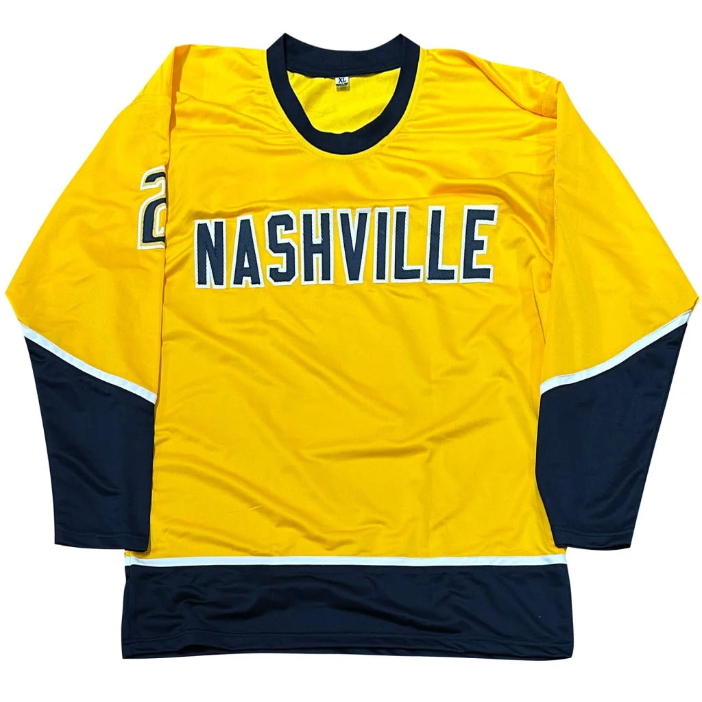 Luke Schenn autographed custom hockey jersey, bright yellow with navy accents