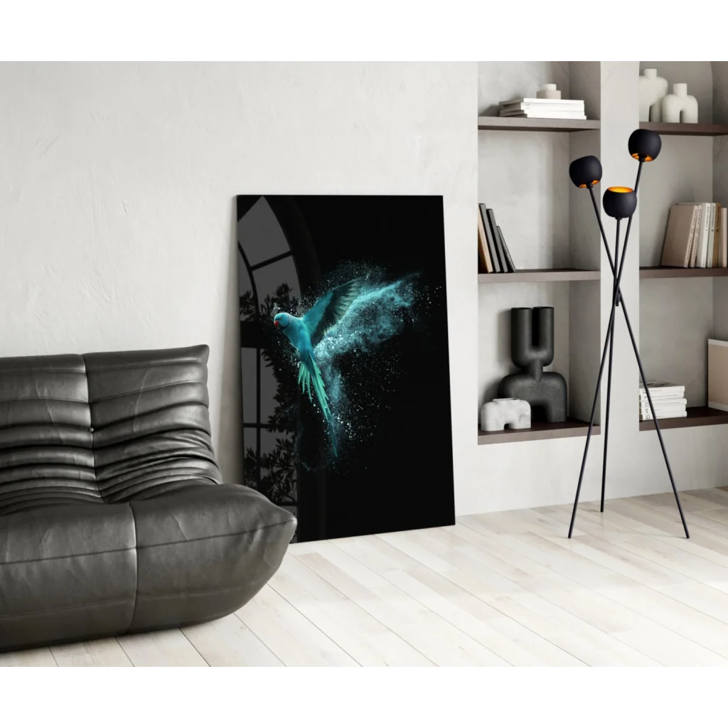 Vibrant teal parrot glass wall art with water splash effects