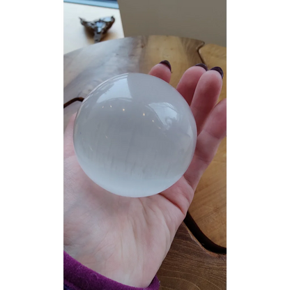 Hand holding luminous Moroccan selenite crystal sphere 8cm