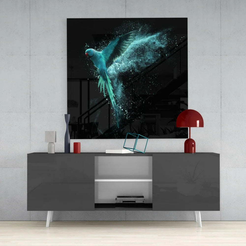 Stunning Turquoise Parrot Glass Wall Art in Flight | Contemporary Home Wall Art | vintageantiquesgifts.com