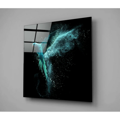 Stunning Turquoise Parrot Glass Wall Art in Flight | Glass Wall Art Print | vintageantiquesgifts.com
