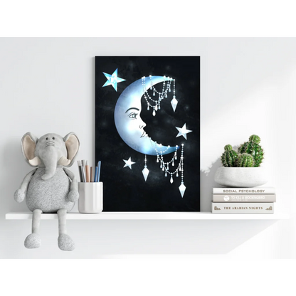 Serene blue crescent moon on insigne aluminum print with modern elegance