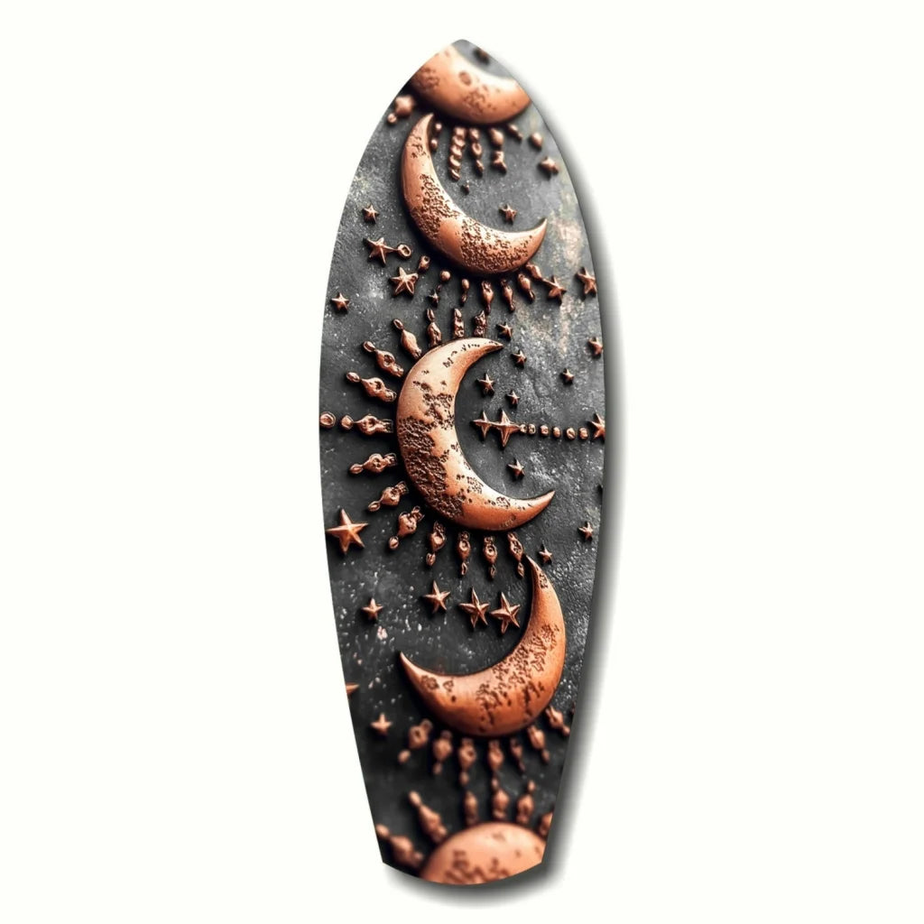 Copper-toned crescent moon tempered glass art with embossed star design