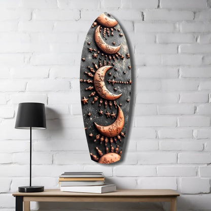 Celestial Copper Moon tempered glass art with copper-toned crescent moon and star on dark metallic background