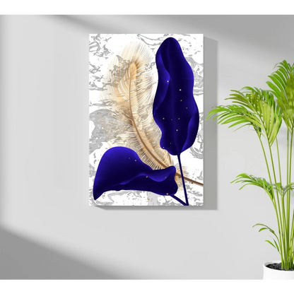 Luxe Gold Feather Marble Aluminum Wall Art Print with blue feathers and gold accents