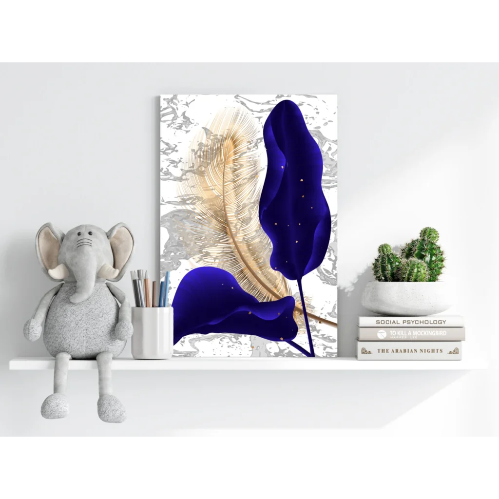 Luxe Gold Feather Marble aluminum wall art print with navy feathers