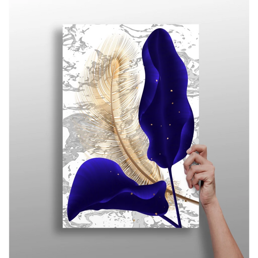 Luxe Gold Feather Marble Aluminum Wall Art Print with gold and blue feathers