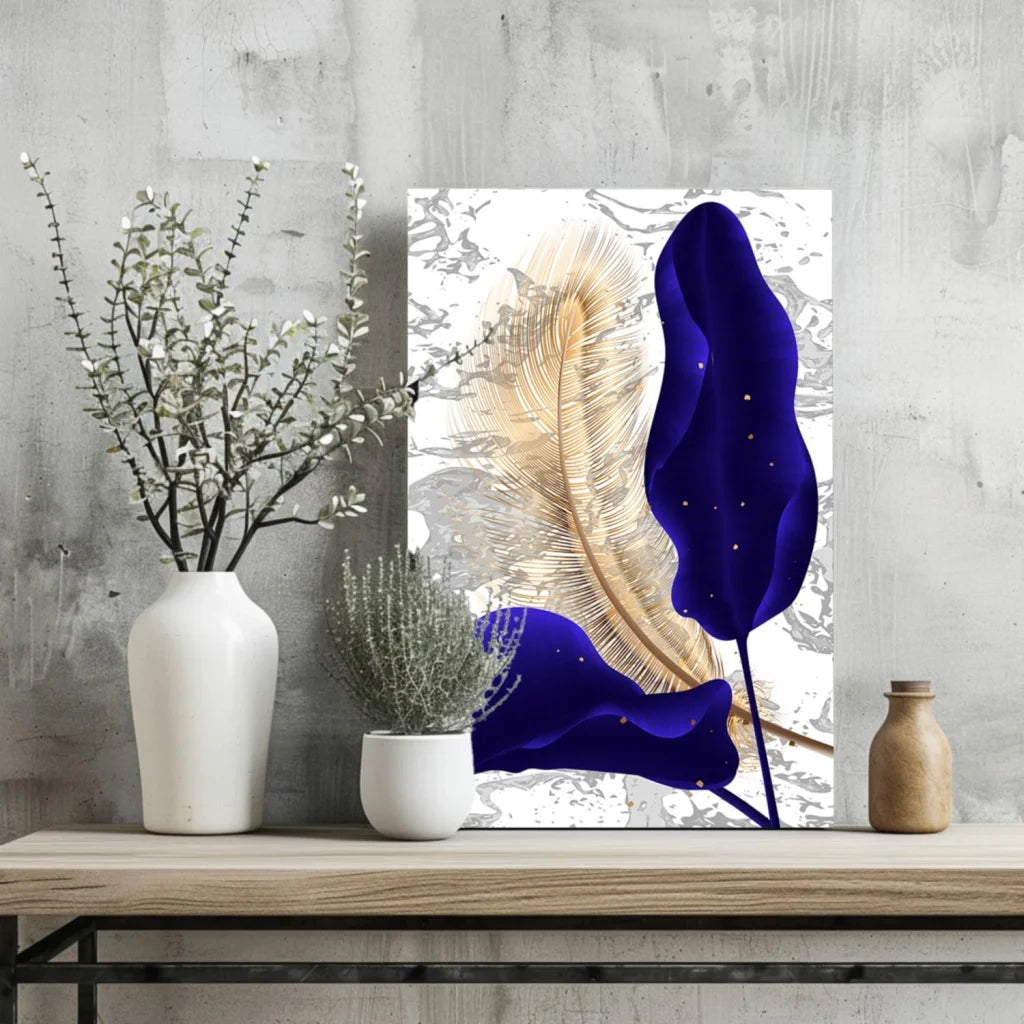 Luxe Gold Feather Marble aluminum wall art print with gold purple leaves