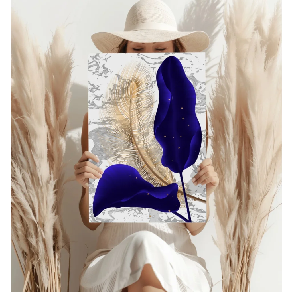 Luxe Gold Feather Marble Aluminum Wall Art Print with blue feathers and gold accents