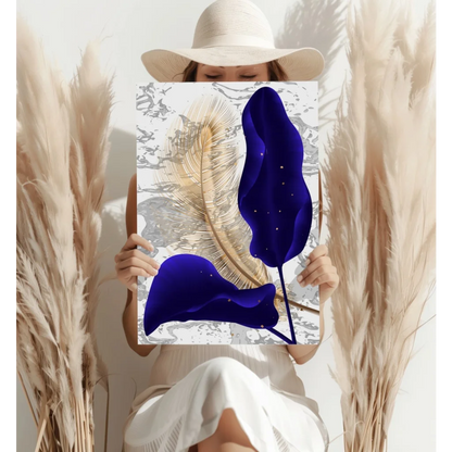Luxe Gold Feather Marble Aluminum Wall Art Print with blue feathers and gold accents