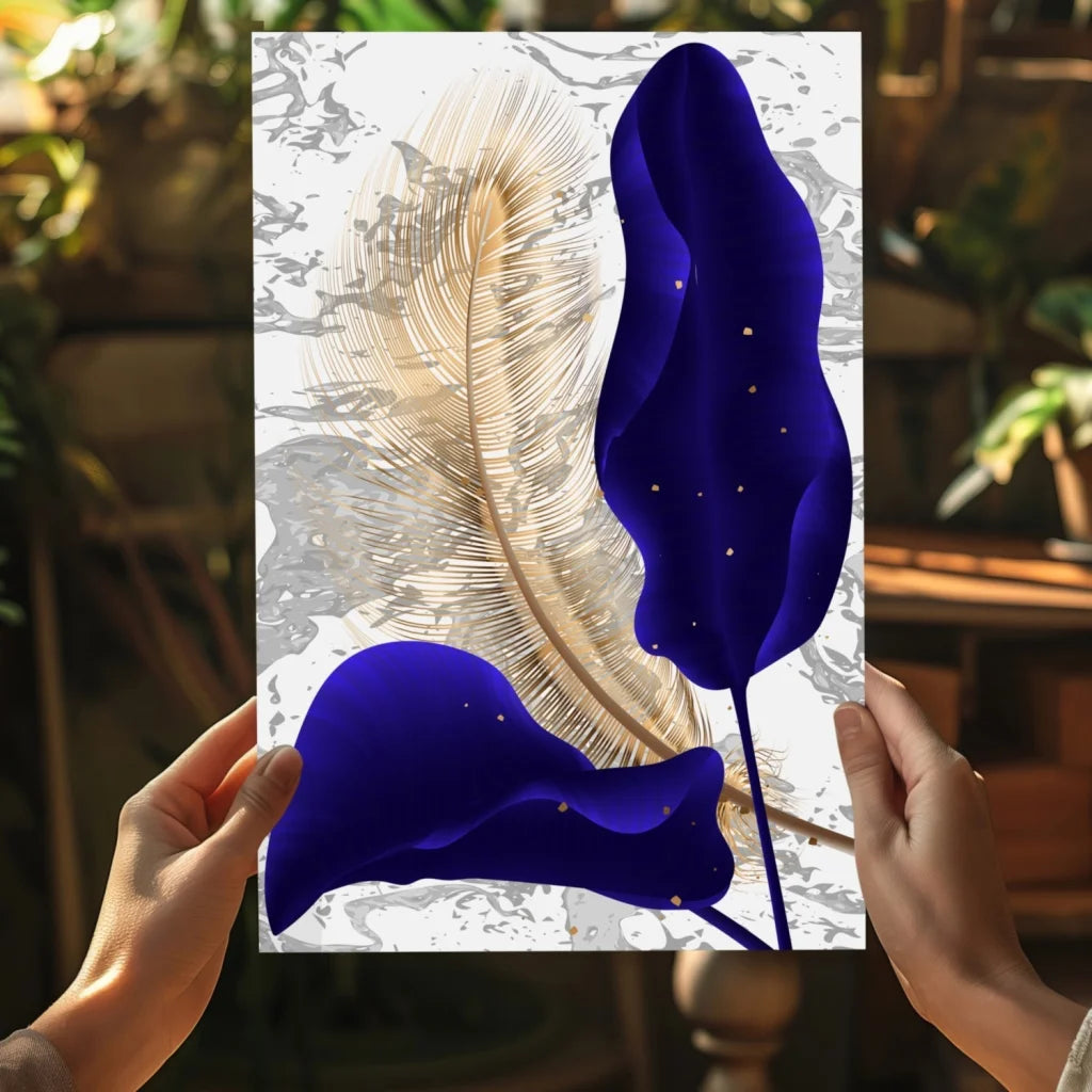 Luxe Gold Feather Marble Aluminum Wall Art Print with blue feather and gold accents on white background