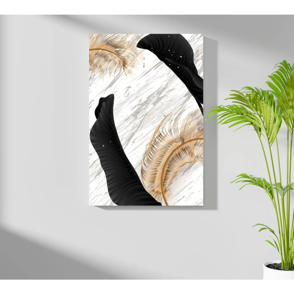 Black and gold abstract Luxe Gold Feather Marble art print on white textured background