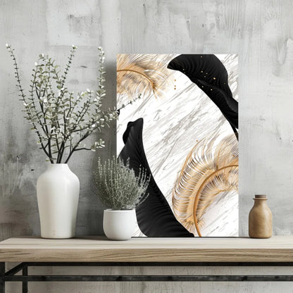 Black and gold feather wall art on white marble background