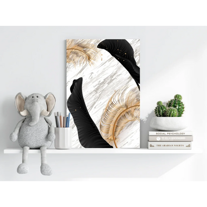 Black and gold feather art print on white marble background