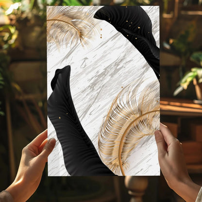 Luxe Gold Feather print poster on white marble background
