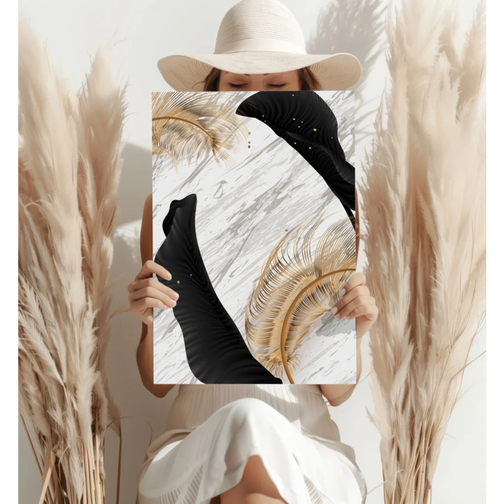 Luxe Gold Feather Marble Art with white marble, gold leaf, black accents