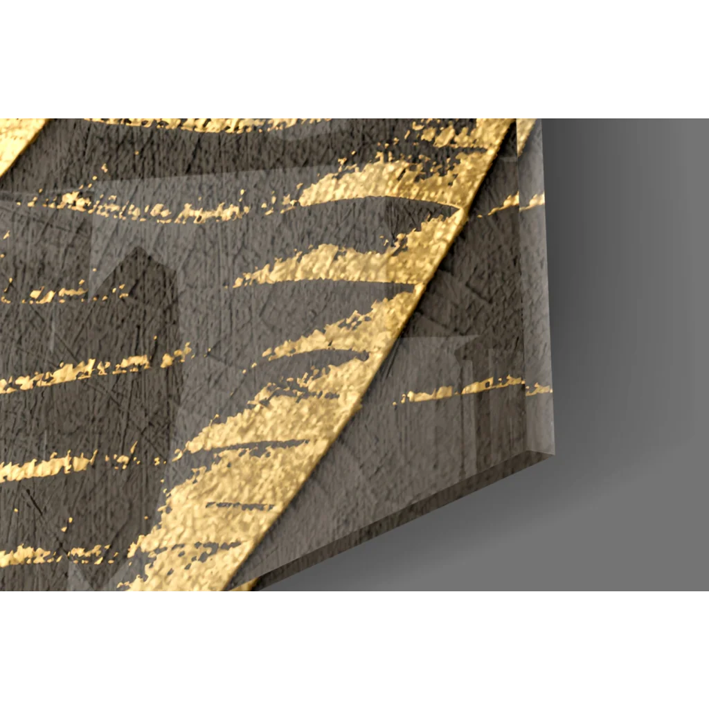 Textured black and gold abstract wall art with distressed metallic layers
