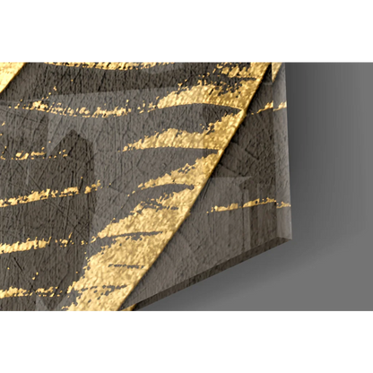 Textured black and gold abstract wall art with distressed metallic layers