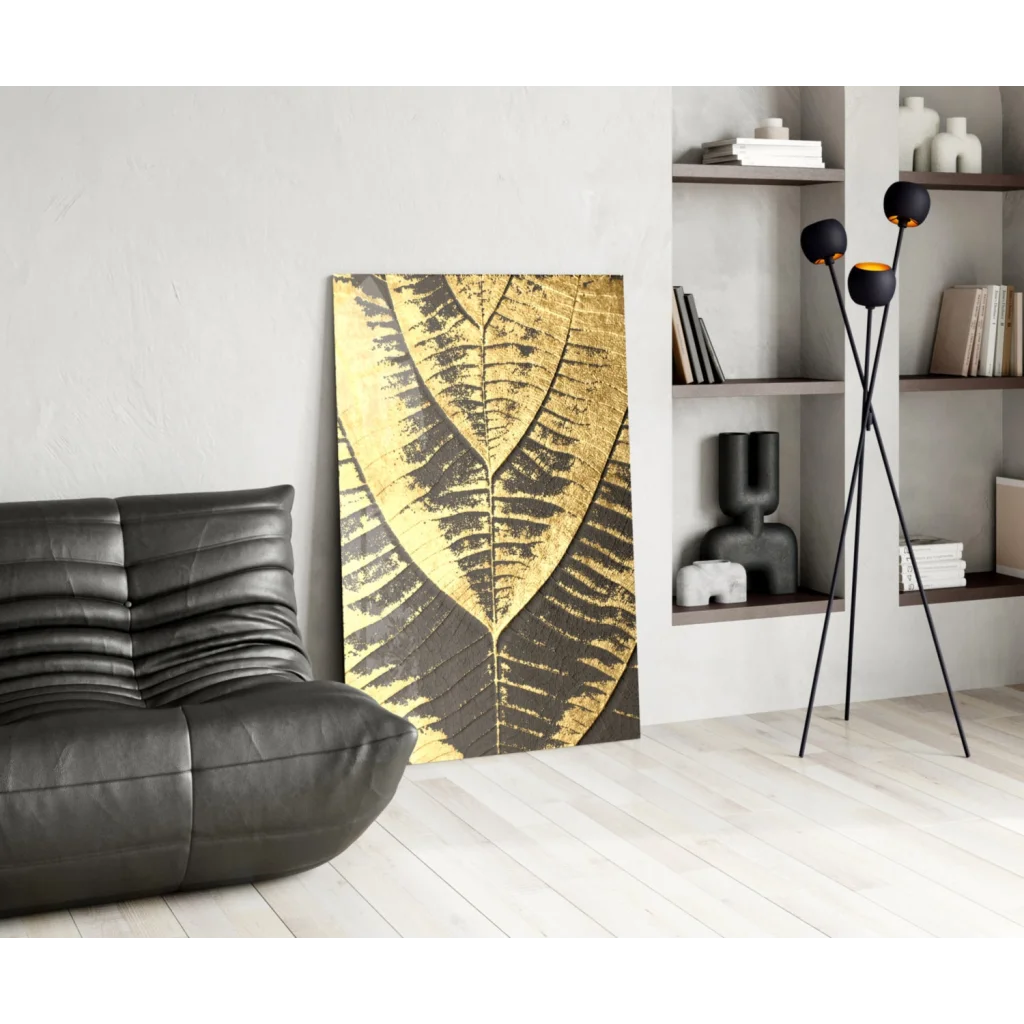 Luxe Gold Leaf wall art with black leaf pattern on canvas