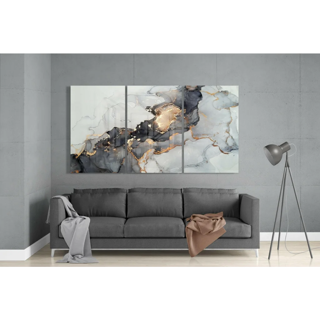Luxe Gold Marble triptych canvas wall art in black, white, gold
