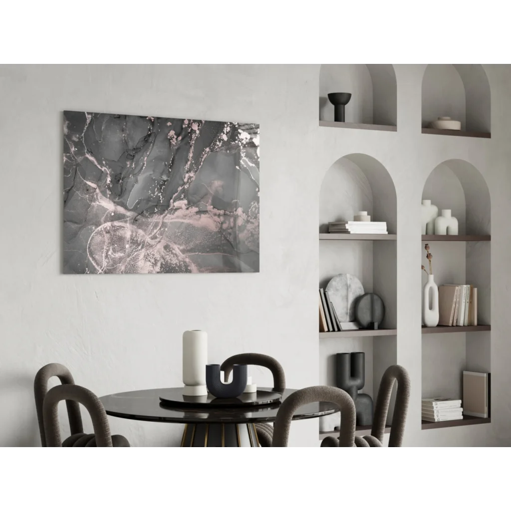 Sleek Luxe Rose Gold Marble canvas wall art print in gray pink swirls on white wall