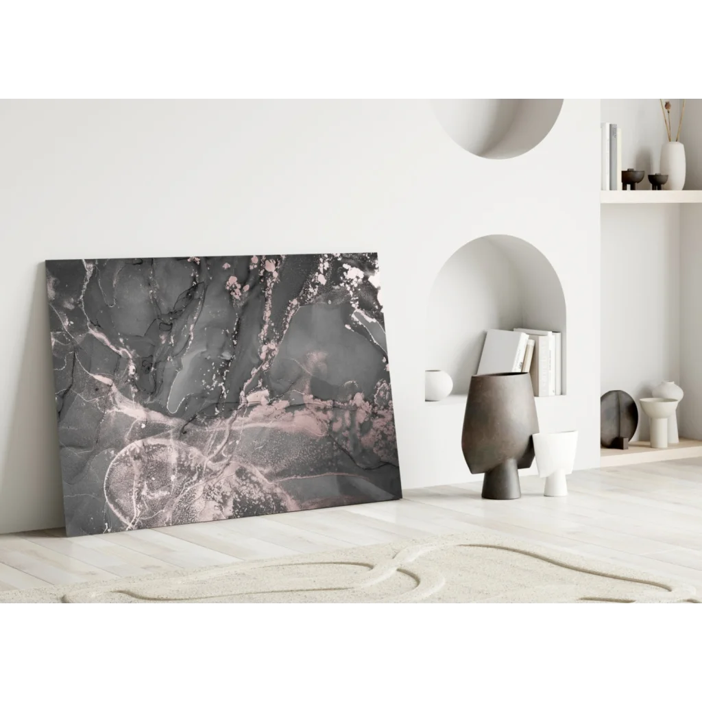 Sleek black and rose gold marble wall art canvas print on white wall