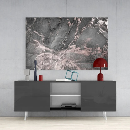 Modern gray glossy sideboard with white legs, red lamp, and Luxe Rose Gold wall art