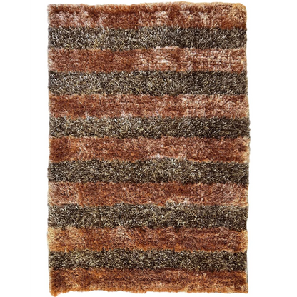 Shaggy striped wool rug in earthy browns and grays with deep 2-inch pile
