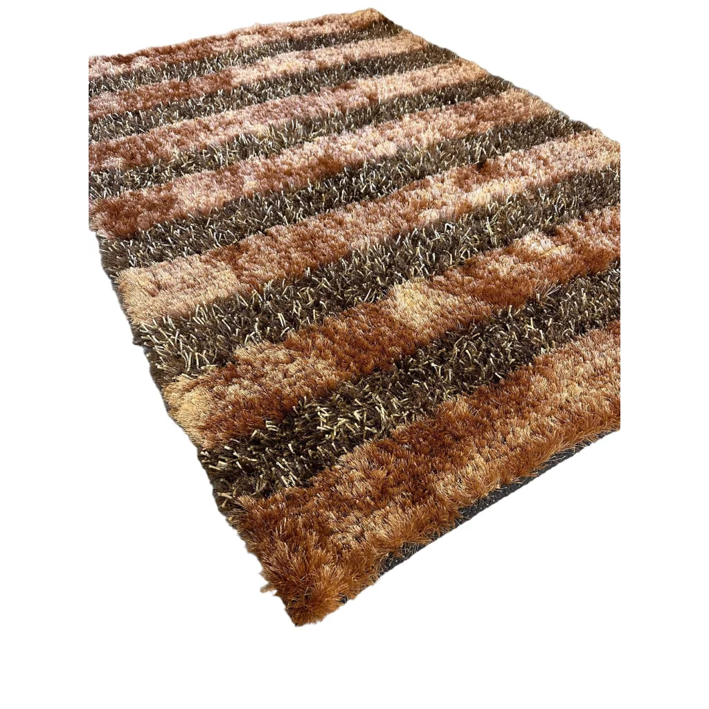 Shaggy striped wool rug in earthy browns, tans and grays showing full rug view