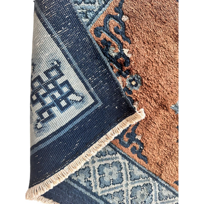 Luxurious floral Peking rug in pure silk with navy, rust, and gray patterns