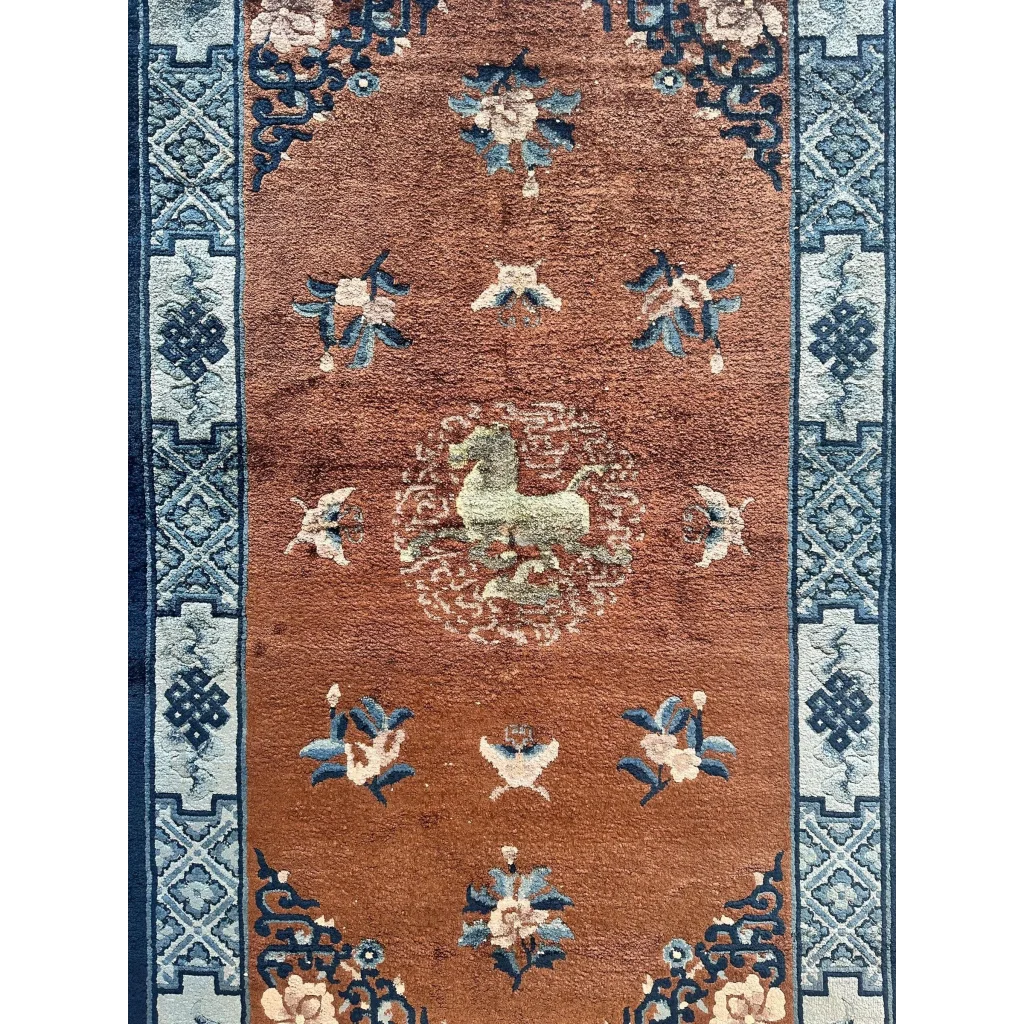 Luxurious floral Peking rug in rust-orange silk with blue motifs