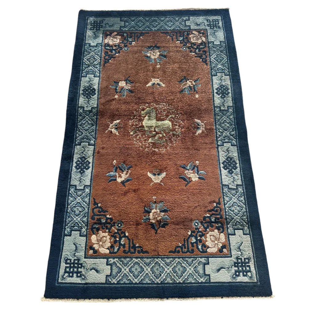 Luxurious floral Peking rug with brown field and navy borders