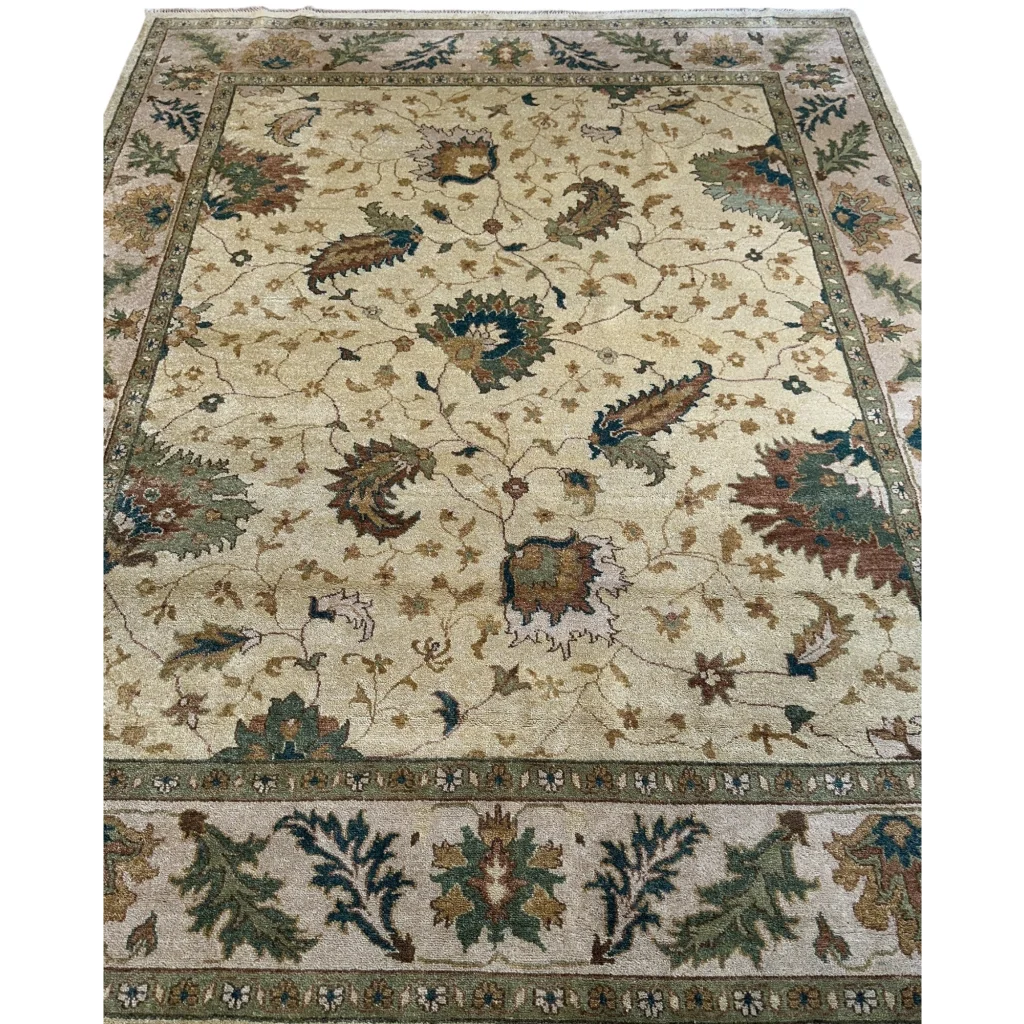 Luxurious Oushak soft wool rug with beige floral vine patterns