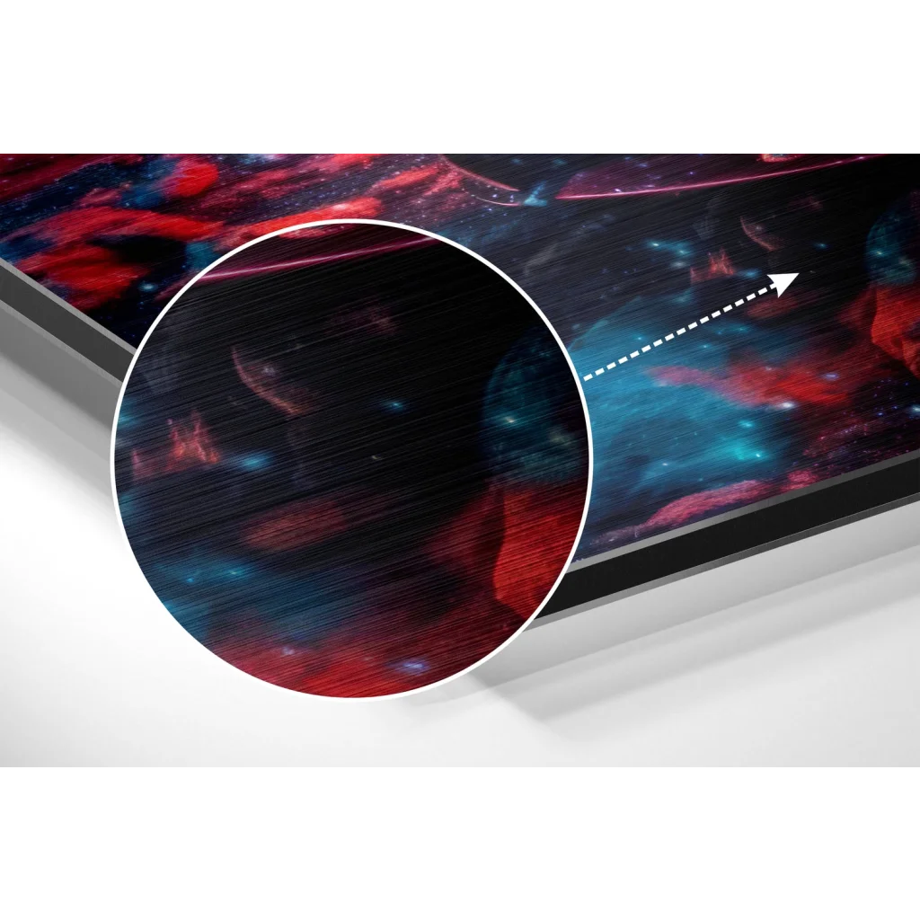 Sleek black-framed cosmic nebula print on brushed aluminium dibond